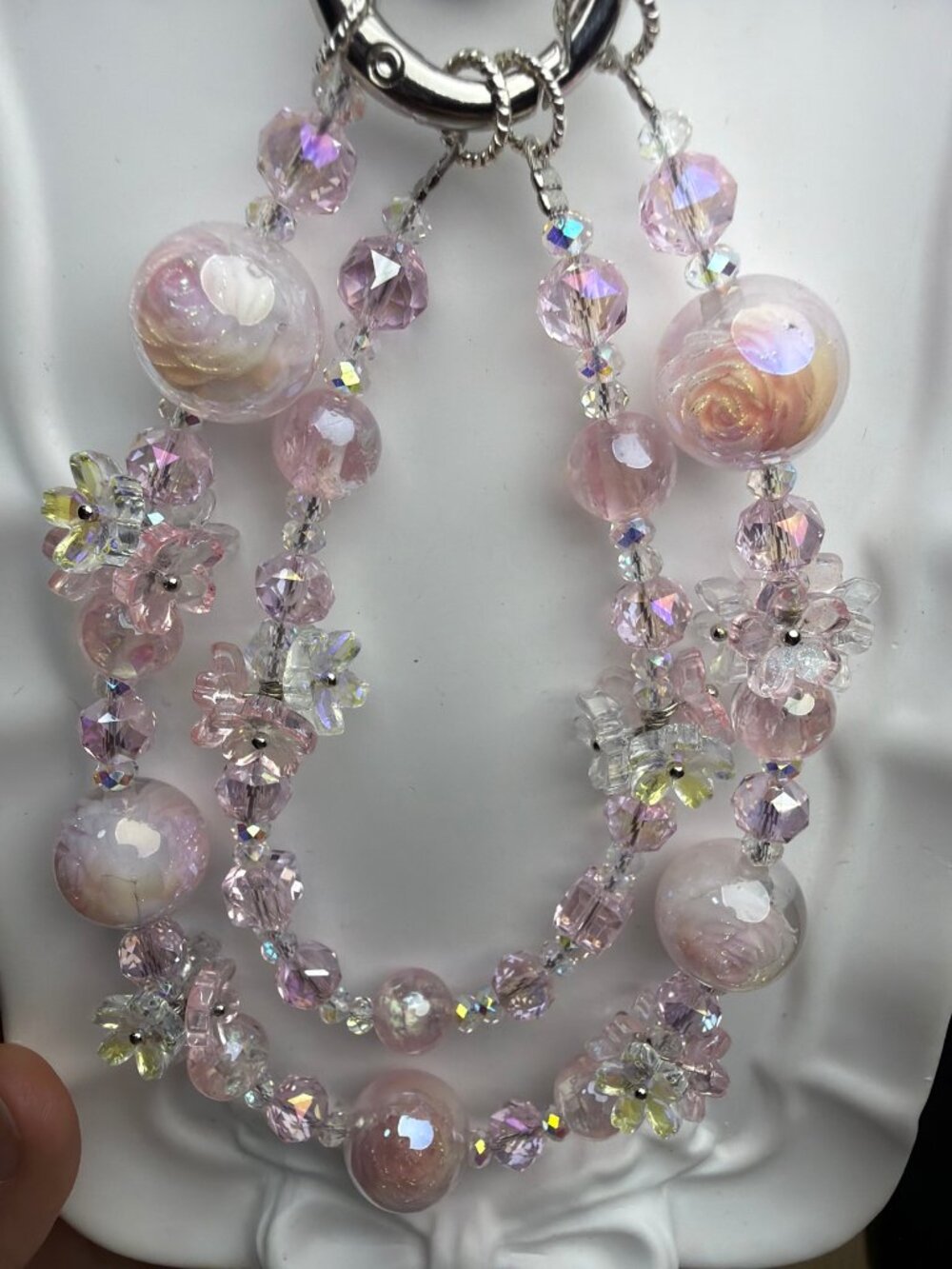 Handmade Pink Crystal Beaded Phone Charm – One of a Kind Flower Bag Charm